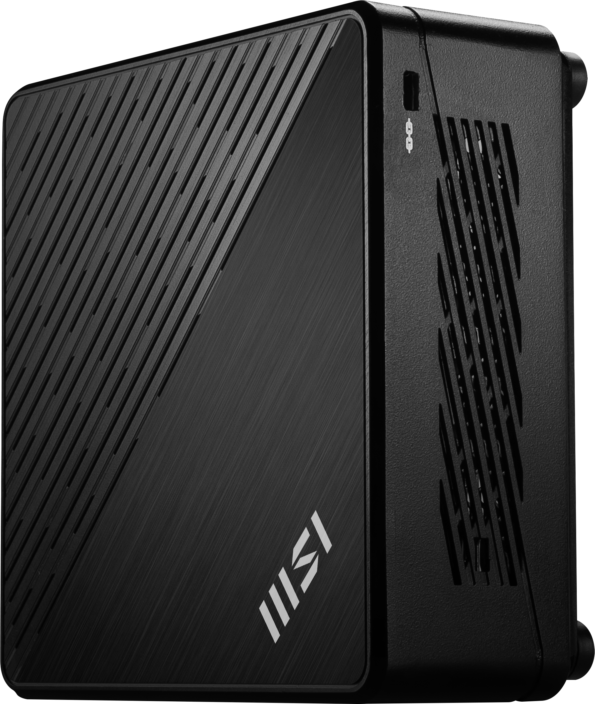 Schwarzes MSI-Computergehäuse, schräge Ansicht, mit diagonalem Design vorne.
