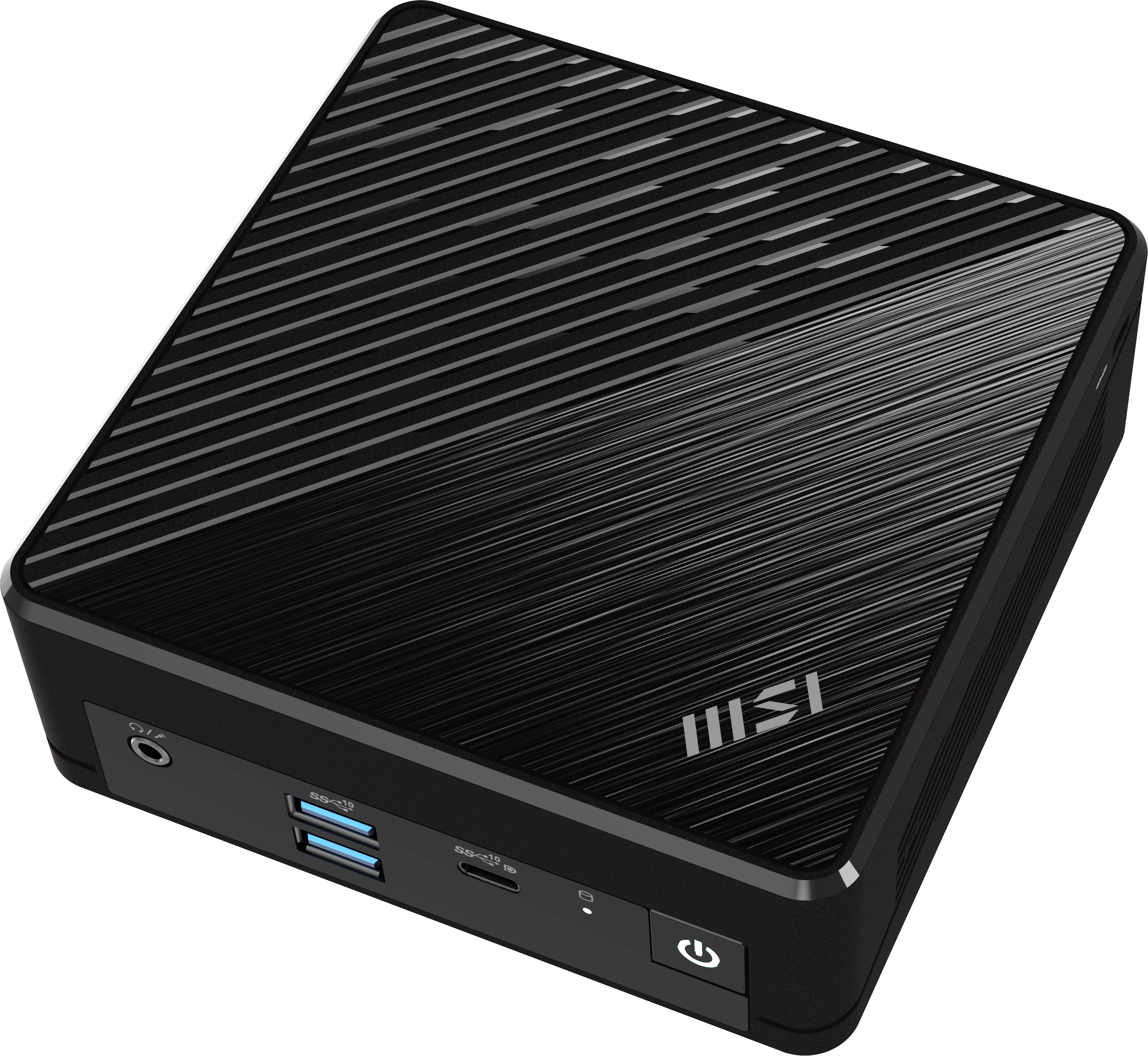 Schwarzer MSI Mini-PC mit strukturierter Oberseite und Anschlüssen auf der Vorderseite. Inklusive Netzschalter.