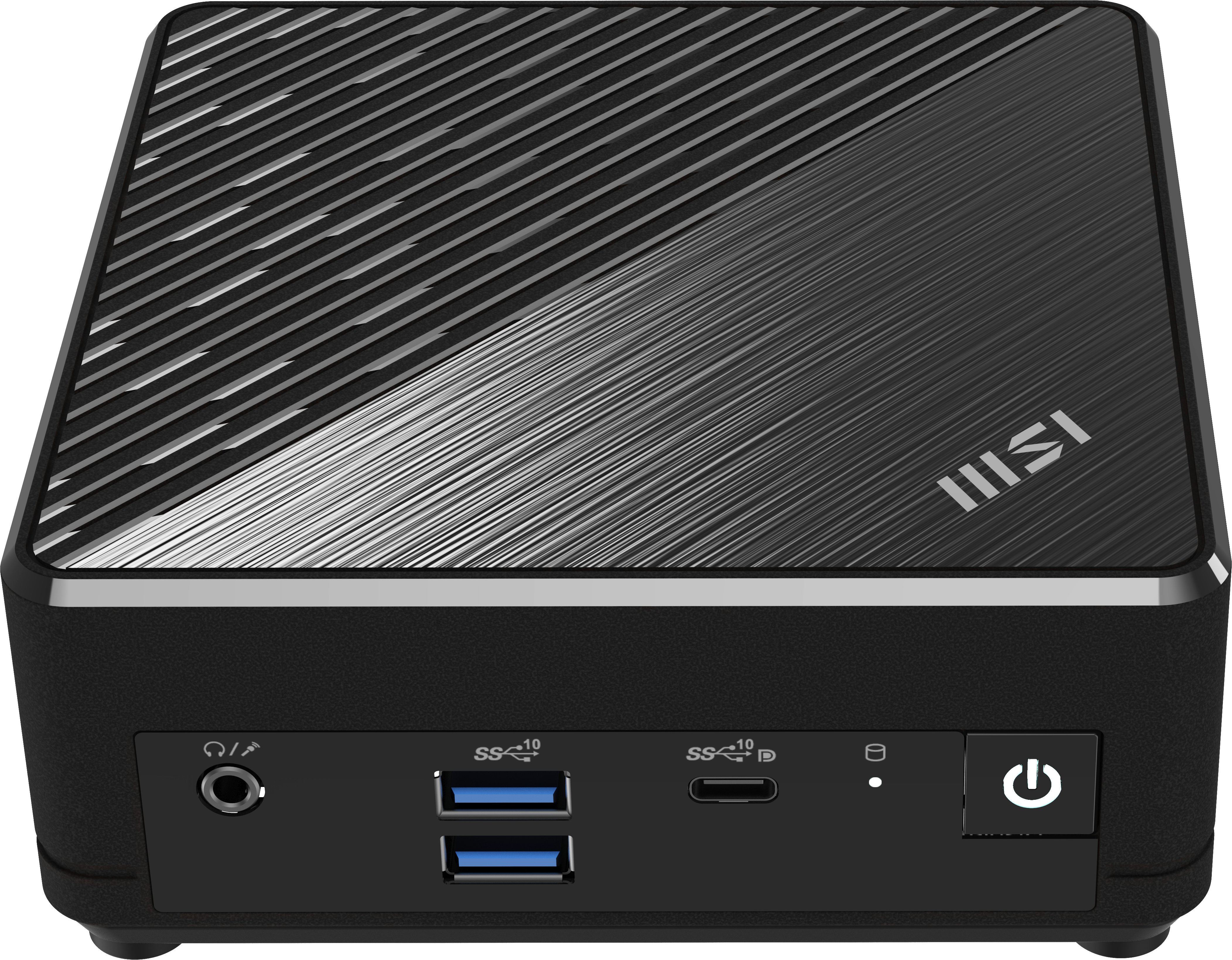Vorderansicht des schwarzen MSI Mini-PCs. Zeigt Anschlüsse und den Einschaltknopf.