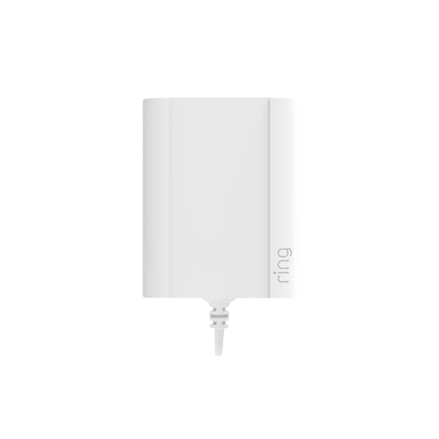 Produit Ring blanc avec connecteur. Rectangulaire avec le logo Ring sur le côté.