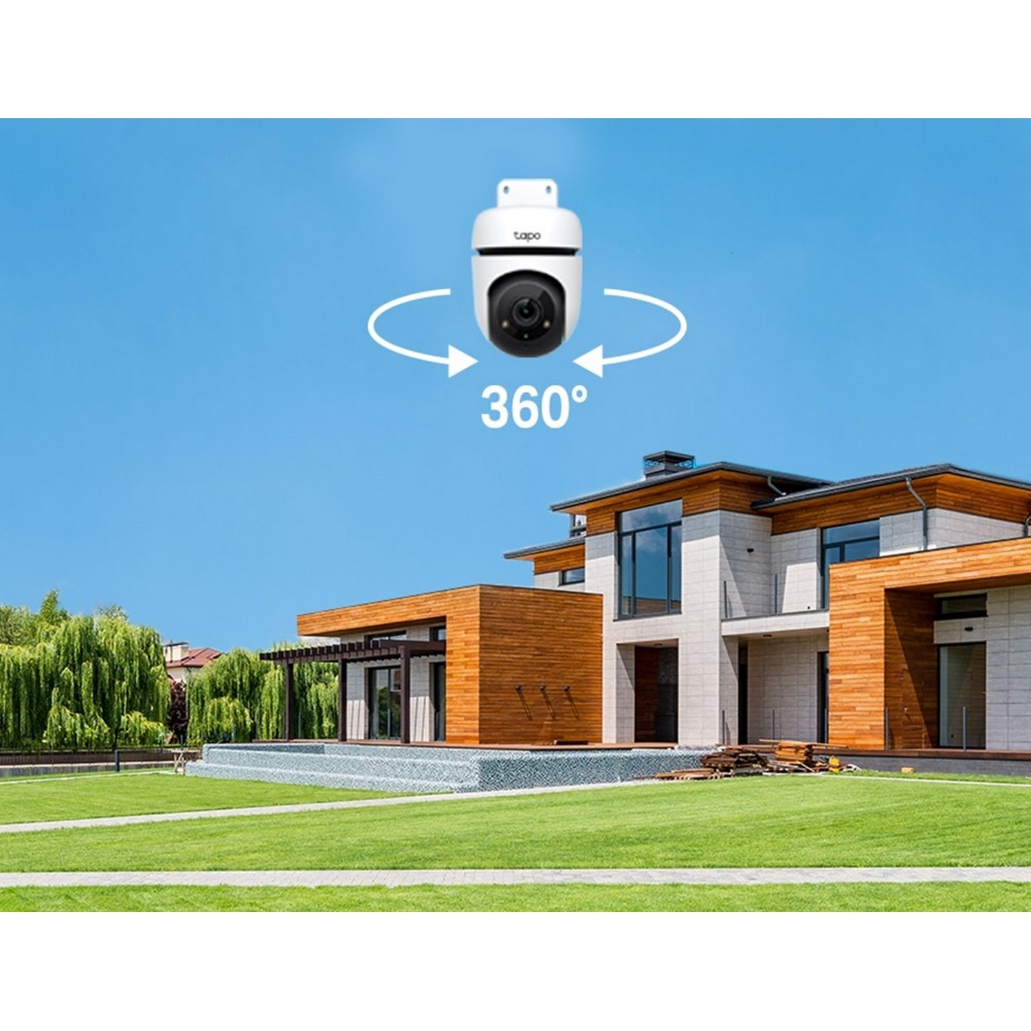 White security camera on a blue sky background. The camera has a 360° rotation arrow.