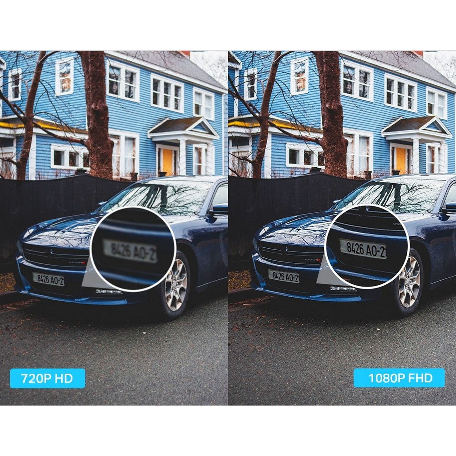 Two cars with license plates, one with 720P HD, the other with 1080P FHD.