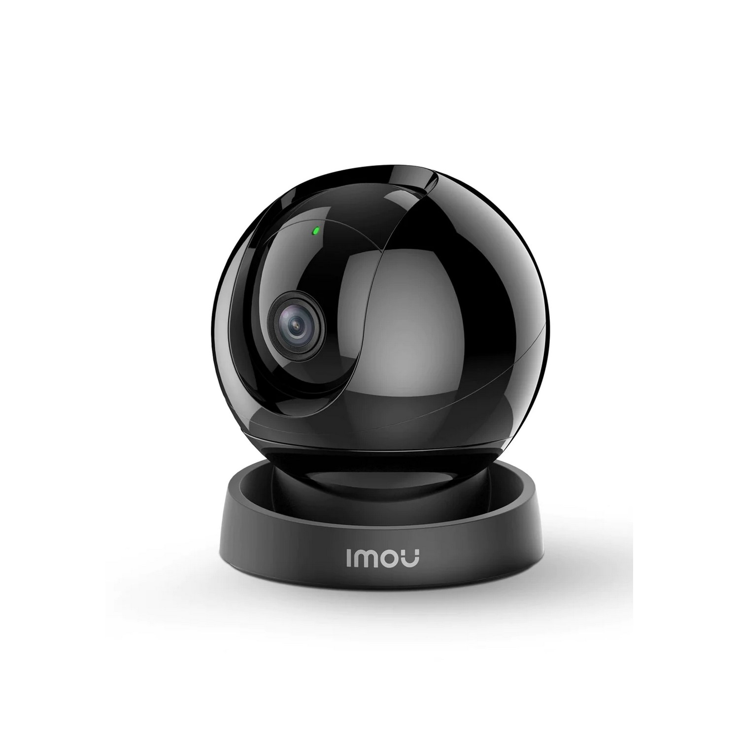 Black security camera, spherical shape, on a black base, white background.