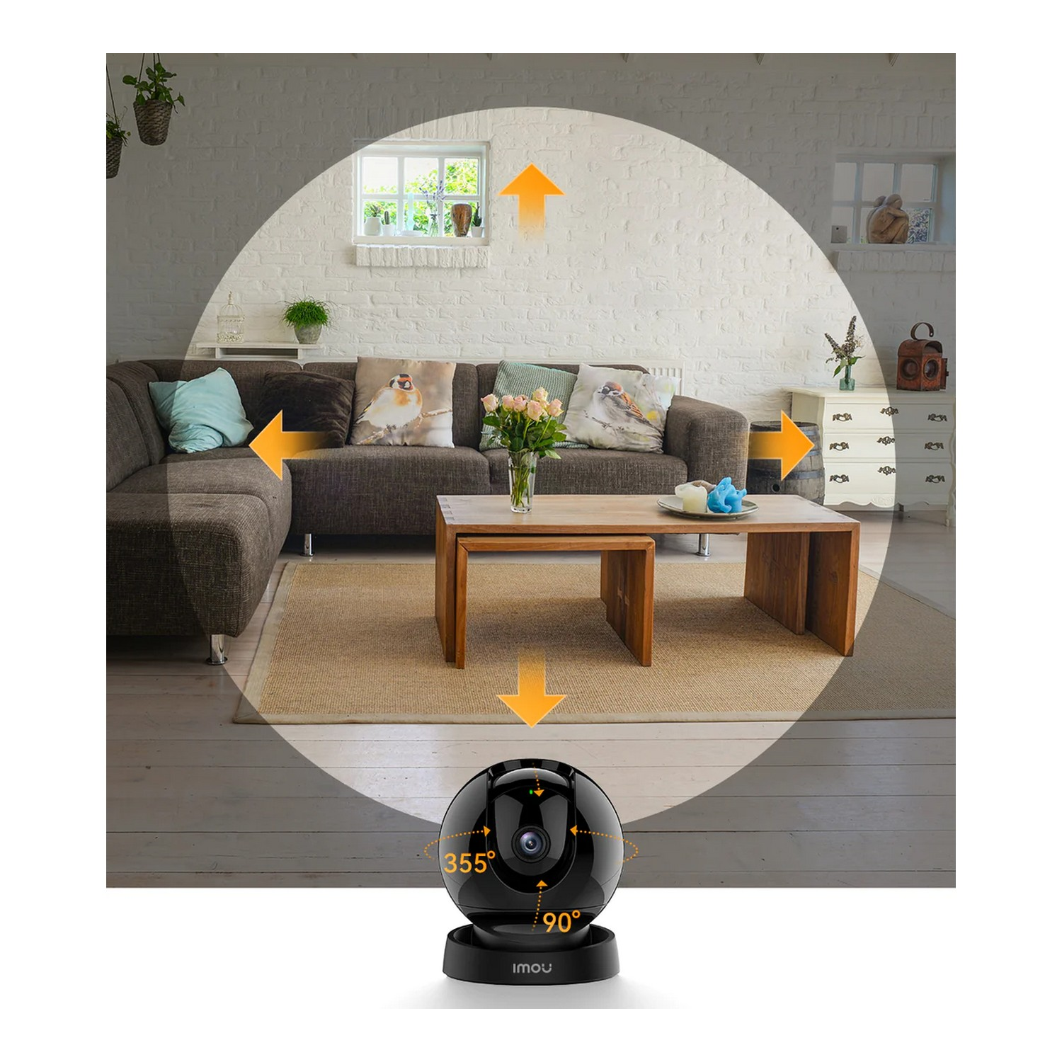A black security camera inside a room. Arrows indicate the camera's range of view.