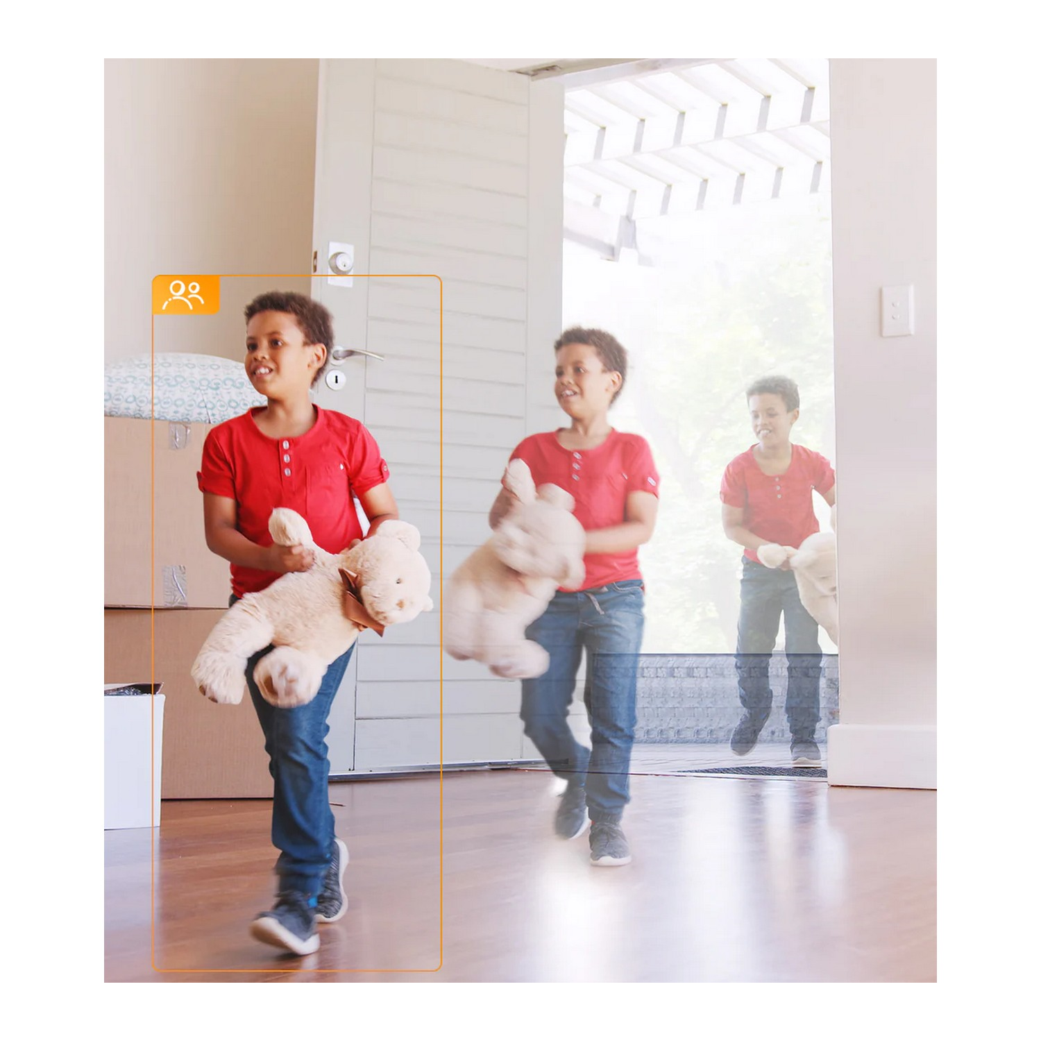 Three children walking through a door, one holding a teddy bear, orange box around the first.