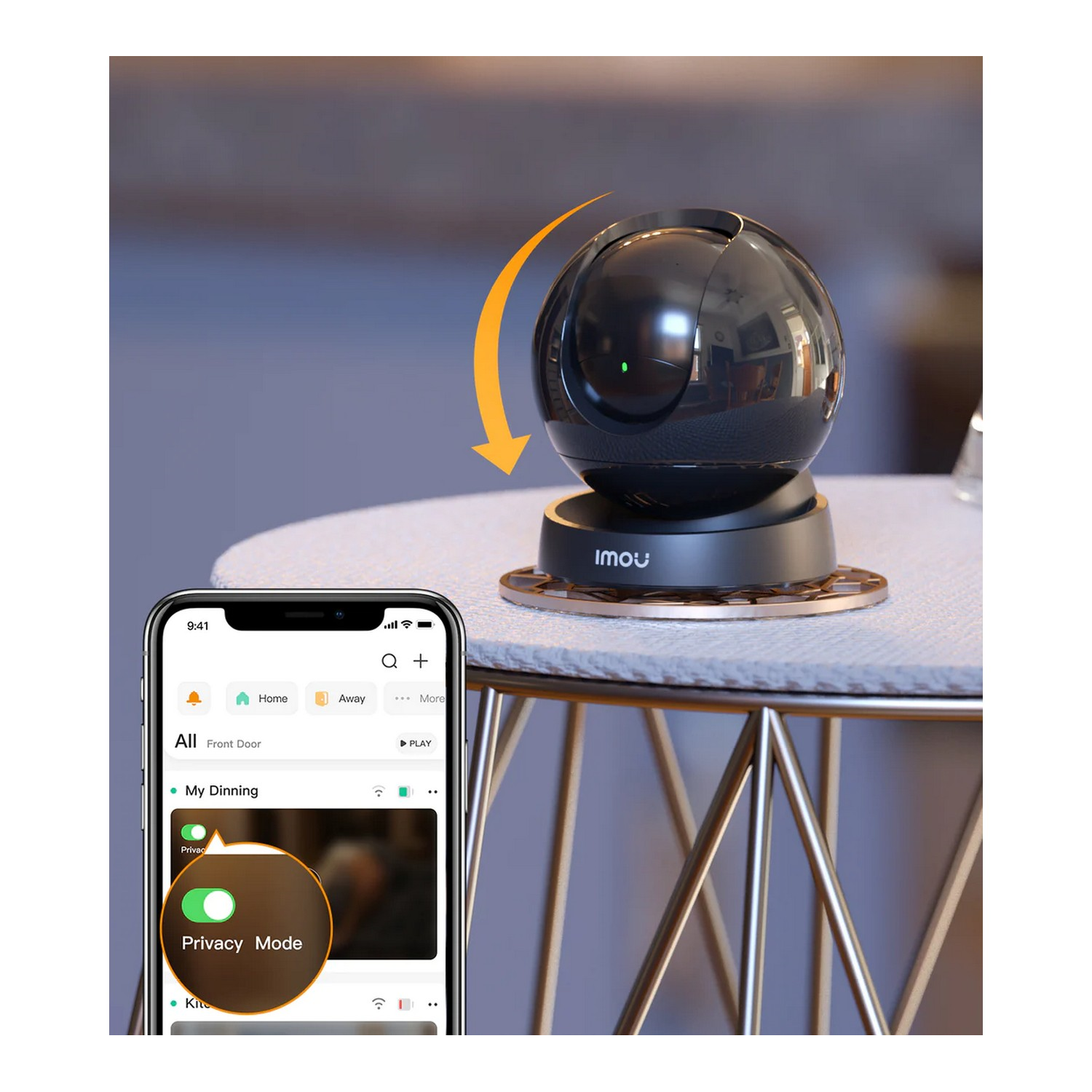 Black security camera on a table. A phone shows Privacy Mode. Arrow indicates its functionality.