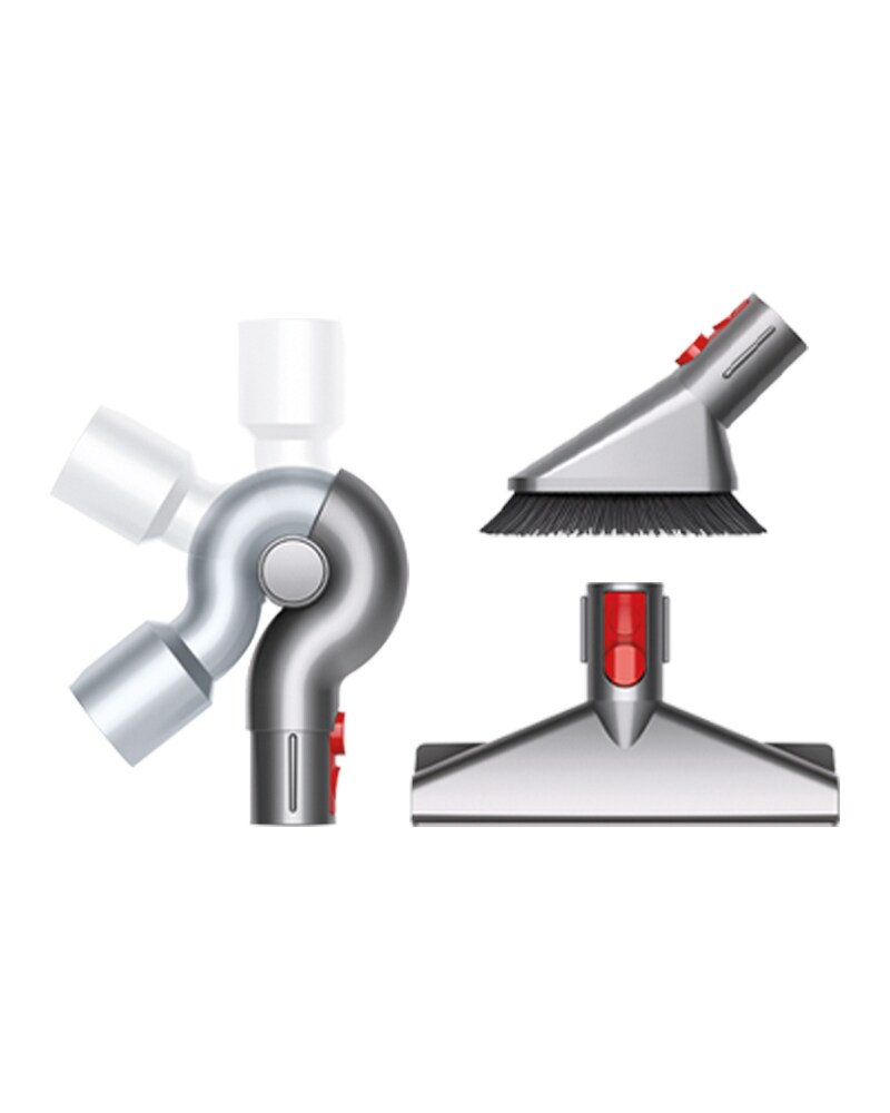 Akcesoria do odkurzacza Dyson: obrotowa głowica, szczotka i wąskie narzędzie, wszystko na białym tle.