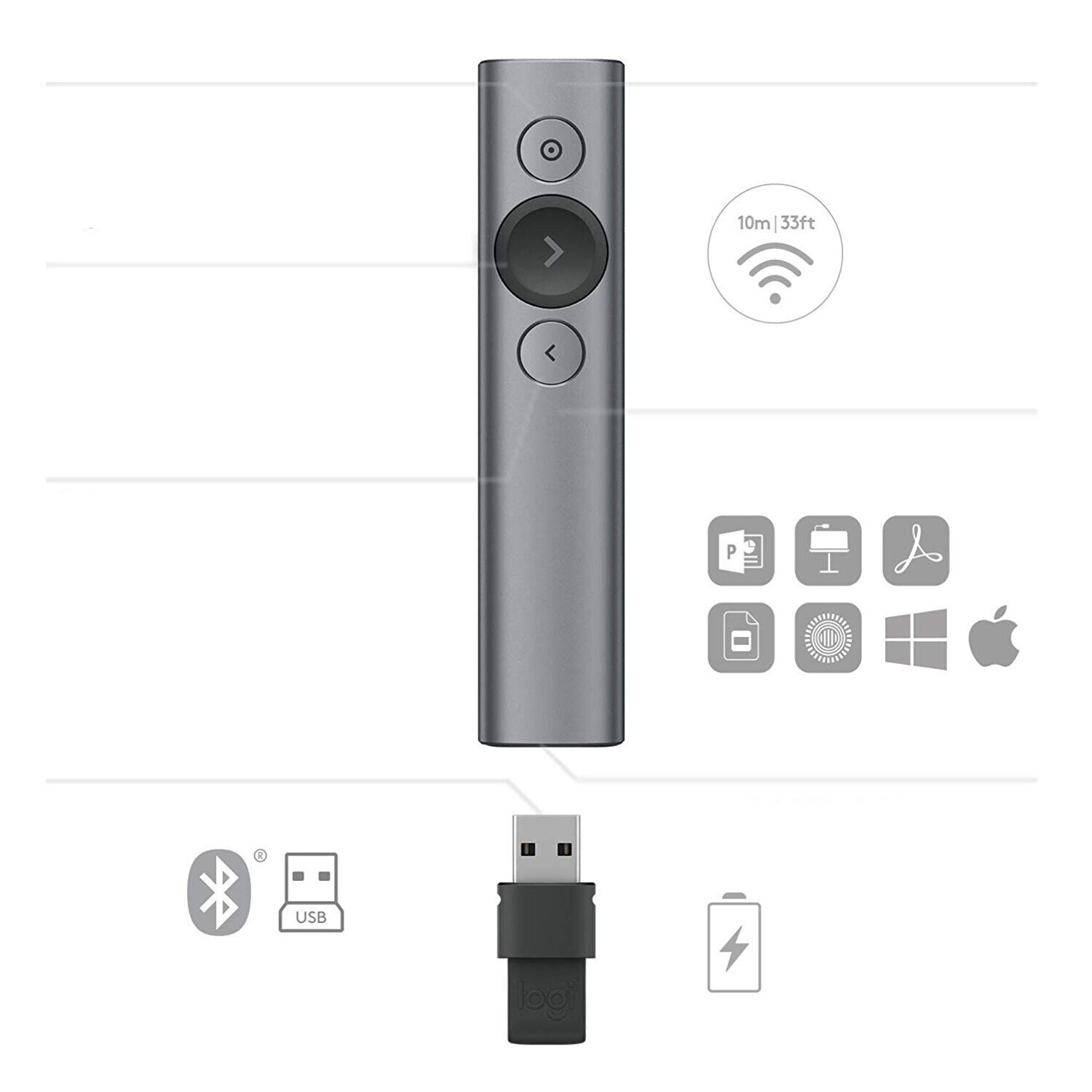 Srebrny pilot z przyciskami, wtyczką USB i ikonami. Wyświetla ikony Bluetooth i baterii.