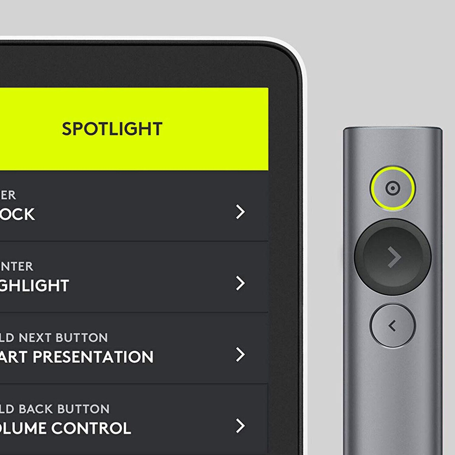 Pilot prezentacji i jego menu. Wyróżniona opcja Spotlight. Szare i żółte kolory. Czarne tło.