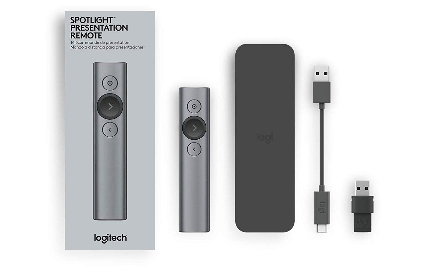 Pilot do prezentacji i akcesoria w pudełku. Zawiera pilota, klucz sprzętowy i kabel USB.