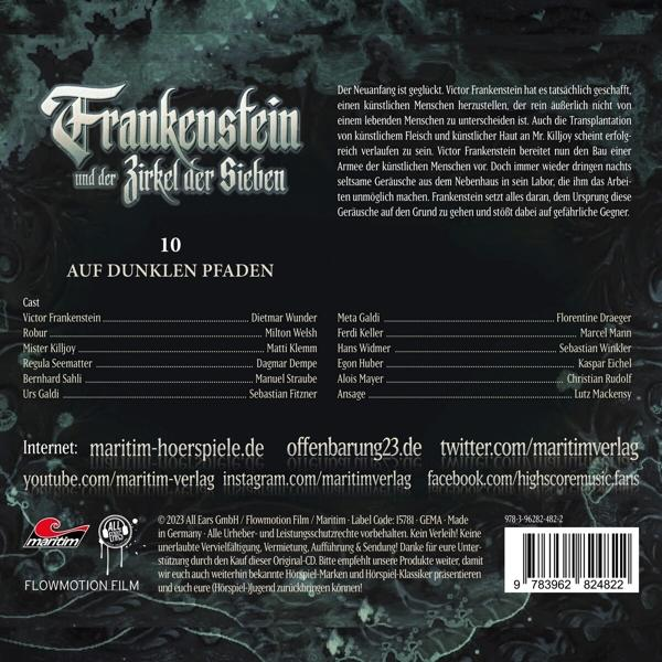 Buchcover. Titel: Frankenstein und der Zirkel der Sieben. Schauspieler und Credits aufgelistet. Dunkler Hintergrund mit Text.