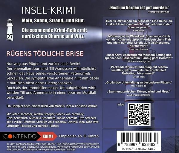 Buchcover mit Leuchtturm, Text und QR-Code. Es wirbt für ein Hörbuch über Verbrechen in der Nordsee.