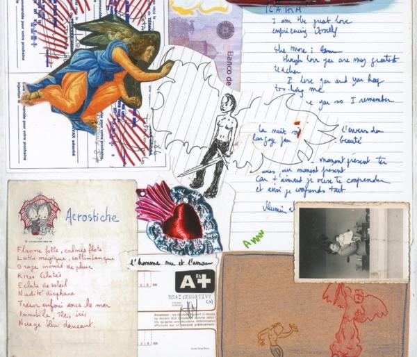 Eine Collage mit handschriftlichen Notizen, Zeichnungen und Fotos auf gealtertem Papier.