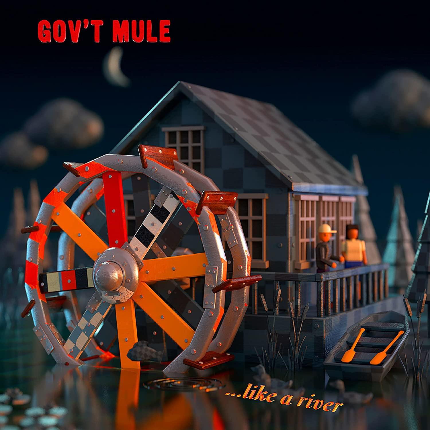 Albumcover mit Gov't Mule Logo, Wasserrad und Haus bei Nacht.