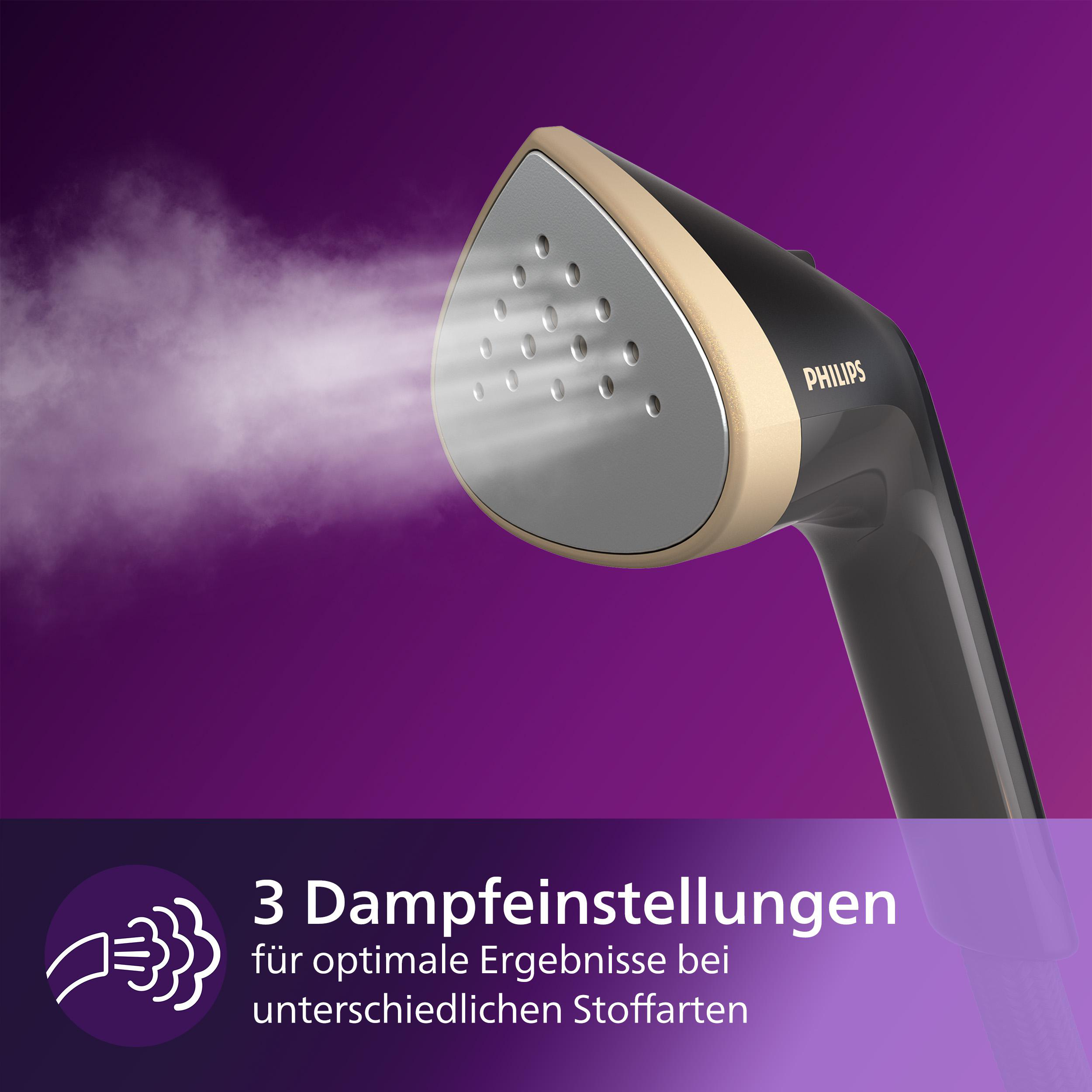 Nahaufnahme eines Philips-Dampfglätters mit Dampf und Text zu Dampfeinstellungen auf lila Hintergrund.