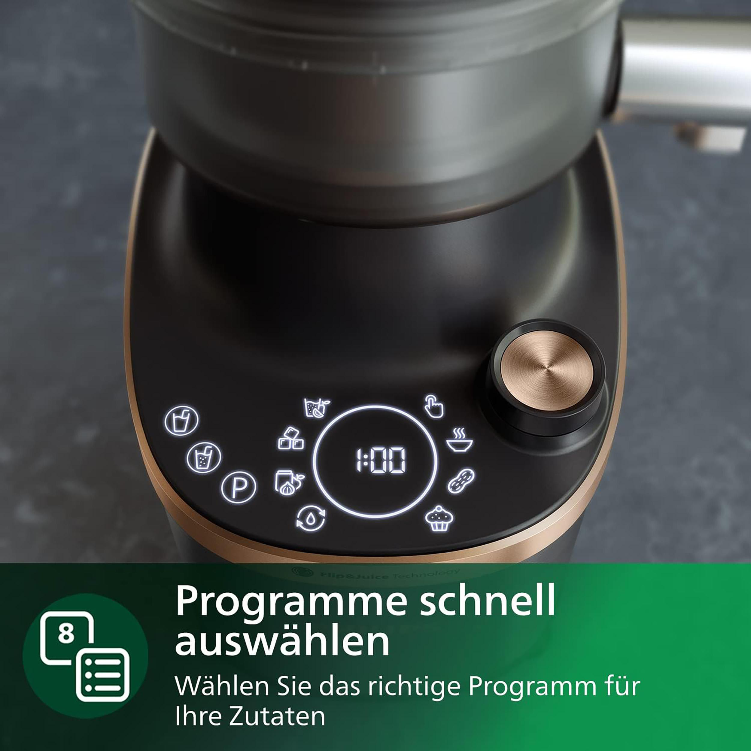 Nahaufnahme eines schwarzen und goldenen Küchengeräts mit digitaler Anzeige 1:00 und Icons.