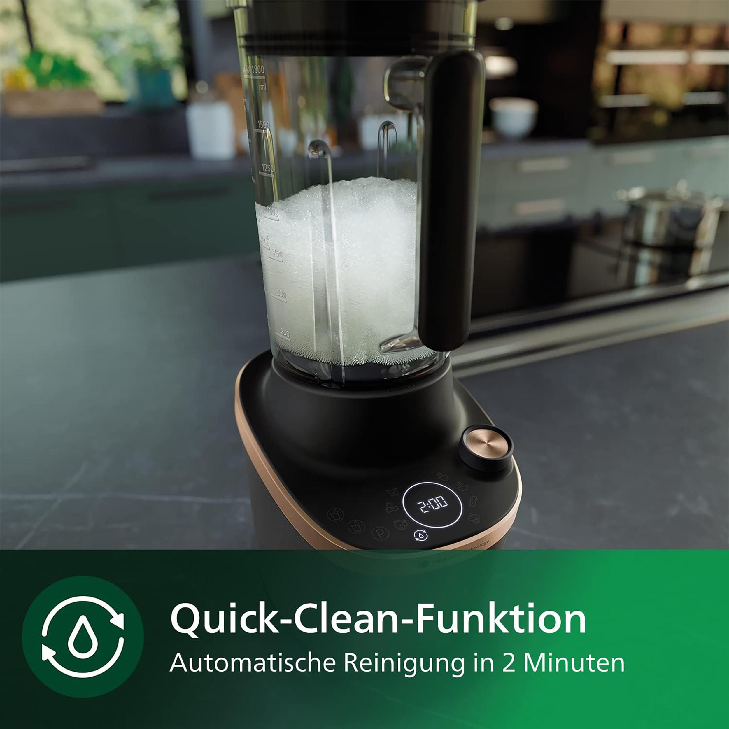 Ein schwarz-goldener Mixer mit zerstoßenem Eis, mit einem Etikett für die Schnellreinigungsfunktion.