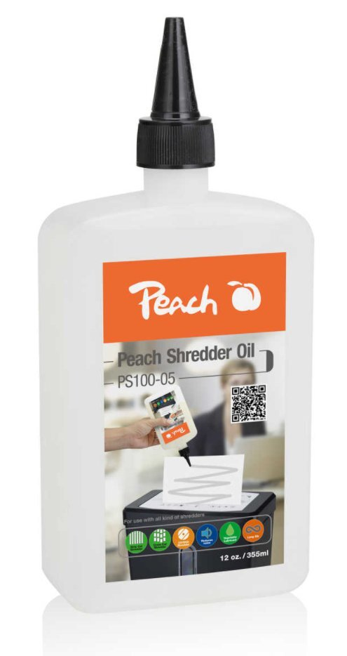 Biała butelka oleju do niszczarek Peach z czarną zakrętką i pomarańczową etykietą, przedstawiająca niszczenie papieru.