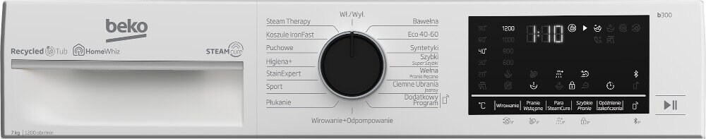 Panel sterowania pralki. Zawiera pokrętło, wyświetlacz cyfrowy i przyciski dotykowe.