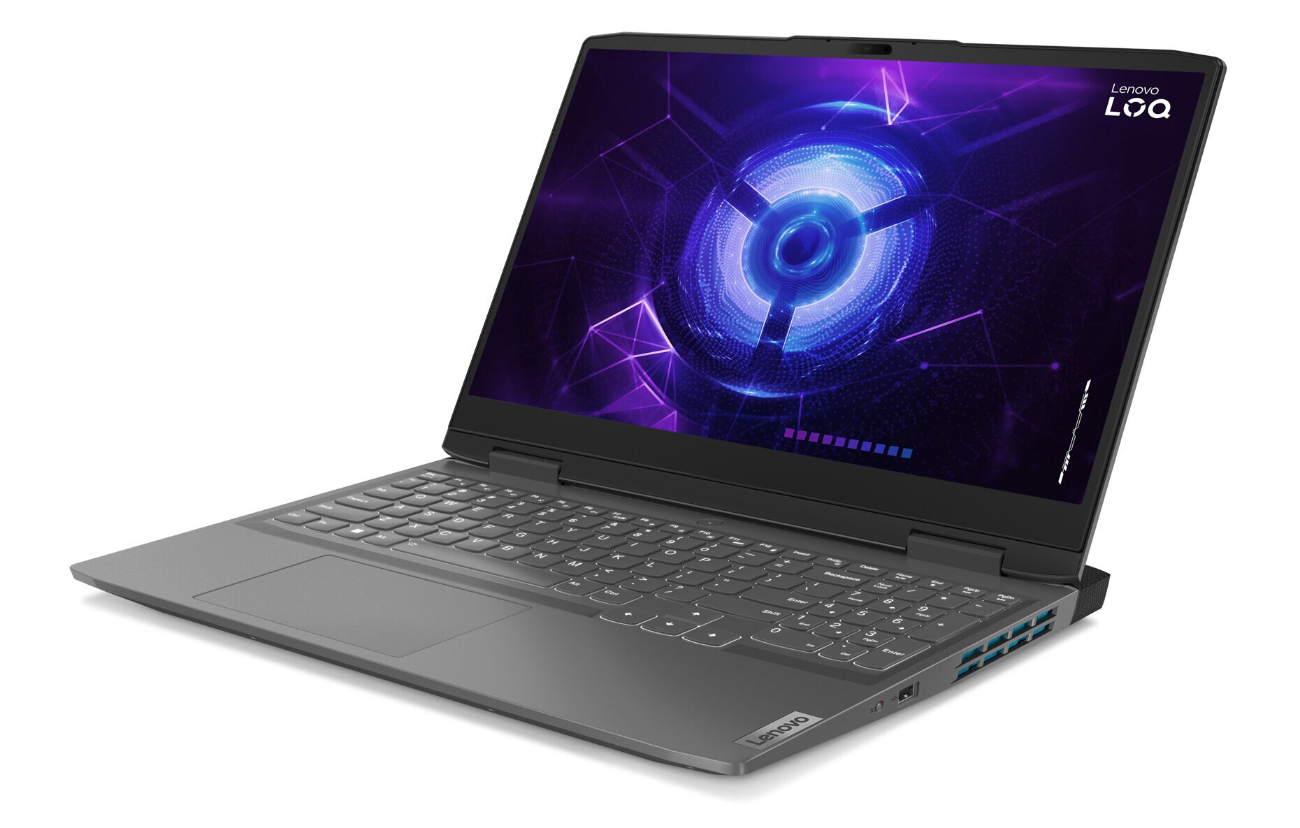 Szary laptop z ekranem wyświetlającym kolorowy wzór na białym tle.