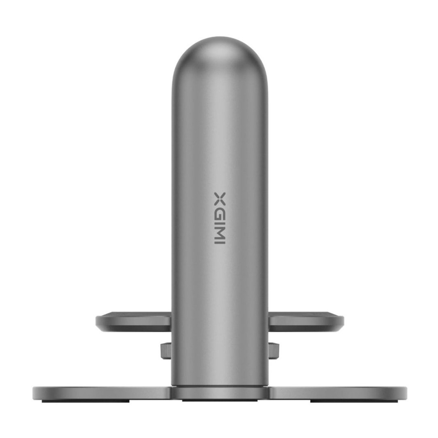 Supporto XGIMI argentato. Corpo principale verticale con due bracci orizzontali. La base è rettangolare.