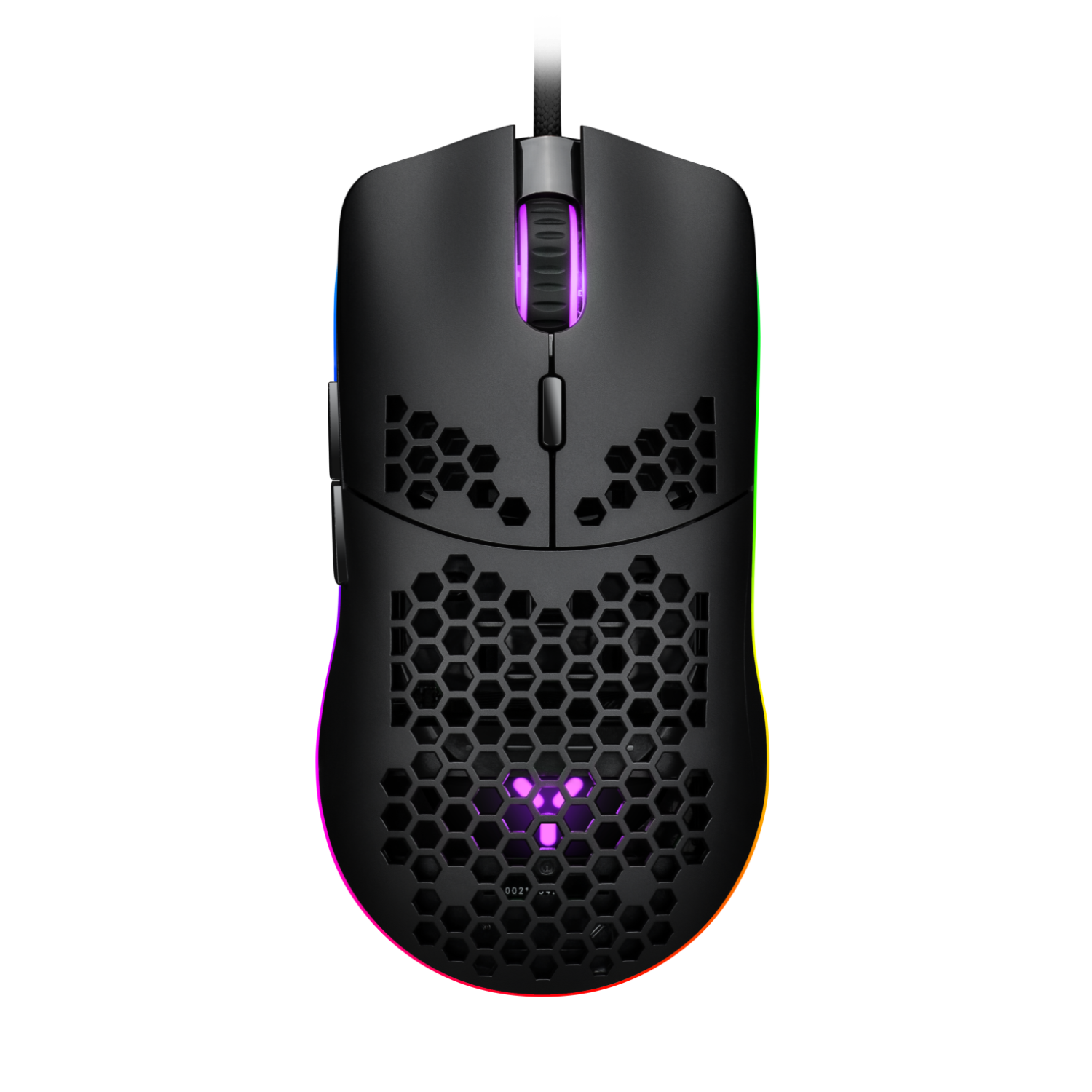 A black gaming mouse with honeycomb pattern and RGB lighting.