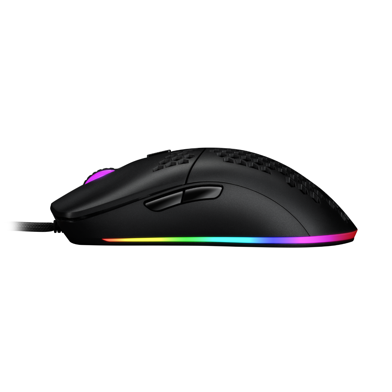 Black gaming mouse with RGB lighting on the bottom edge. Black background.