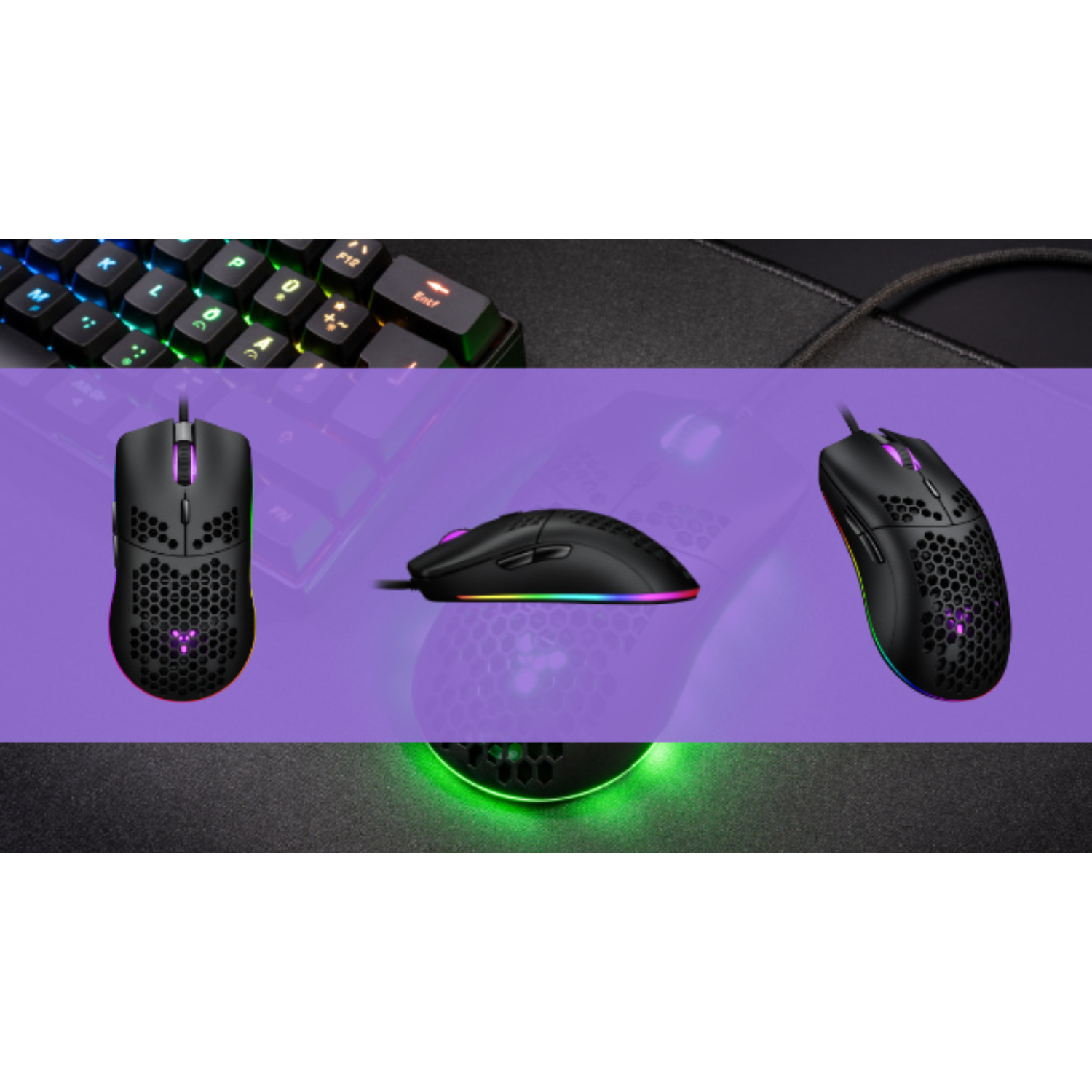 Gaming mouse and keyboard, with the mouse shown from multiple angles, lit by RGB lights.