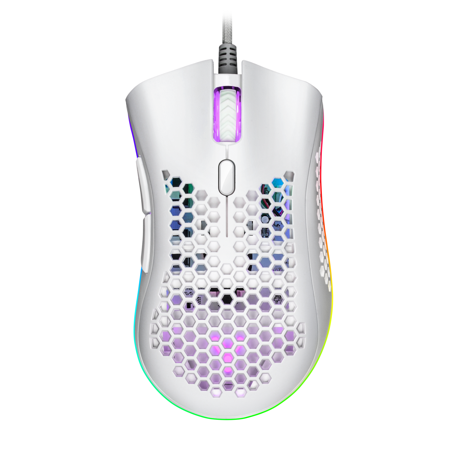 Witte gamingmuis met honingraatontwerp. RGB-verlichting. Zwarte achtergrond.