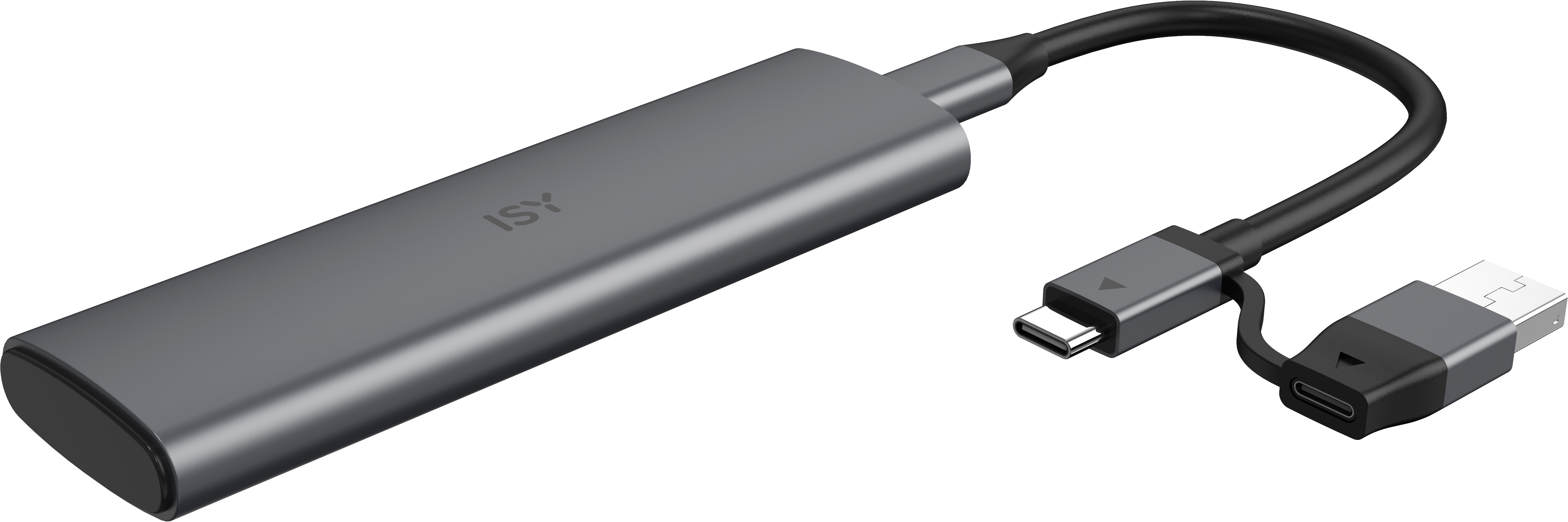 Ein grauer ISY-Adapter mit USB-C- und USB-Anschlüssen, verbunden durch ein schwarzes Kabel.