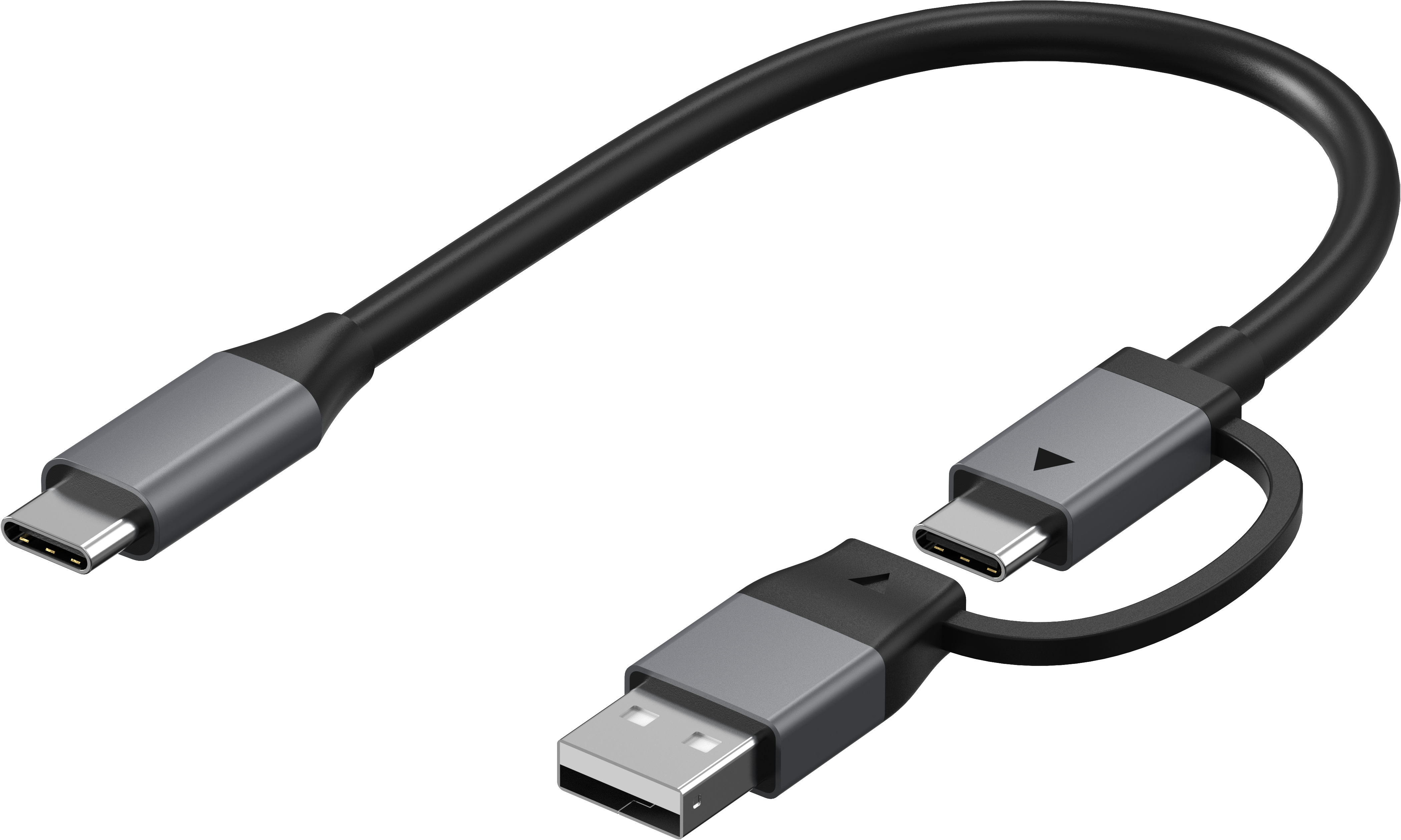 Schwarz-graues USB-C-zu-USB-C- und USB-A-Kabel. Das Kabel befindet sich auf weißem Hintergrund.