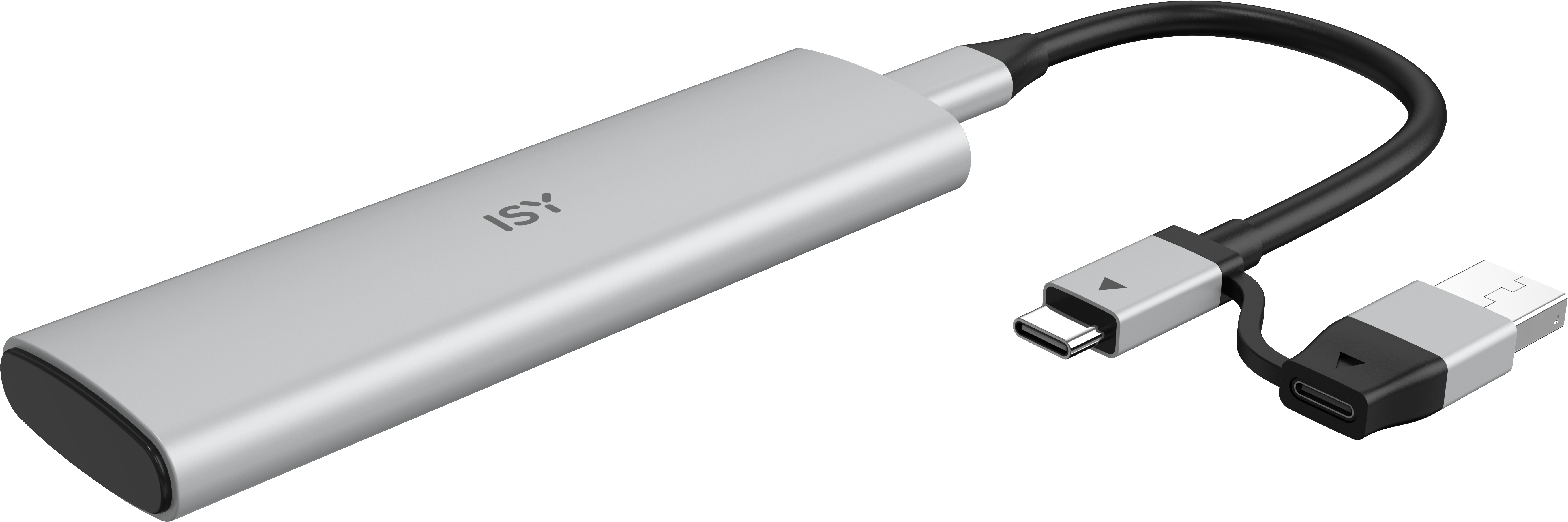Silberner ISY USB-C-Adapter mit schwarzem Kabel, verbunden mit USB-C- und USB-A-Anschluss.