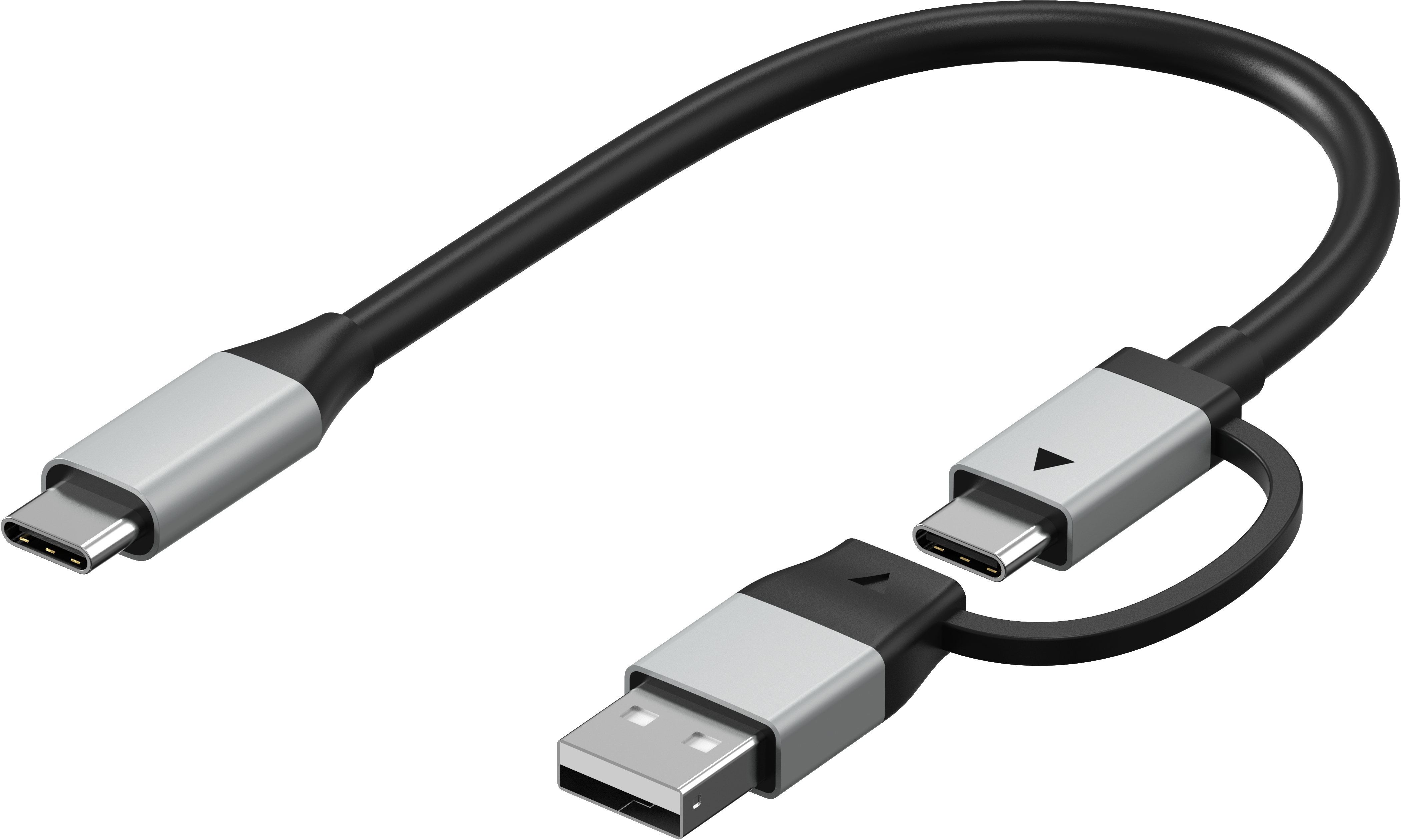 USB-Kabel mit einem USB-C- und einem USB-A-Anschluss auf weißem Hintergrund.