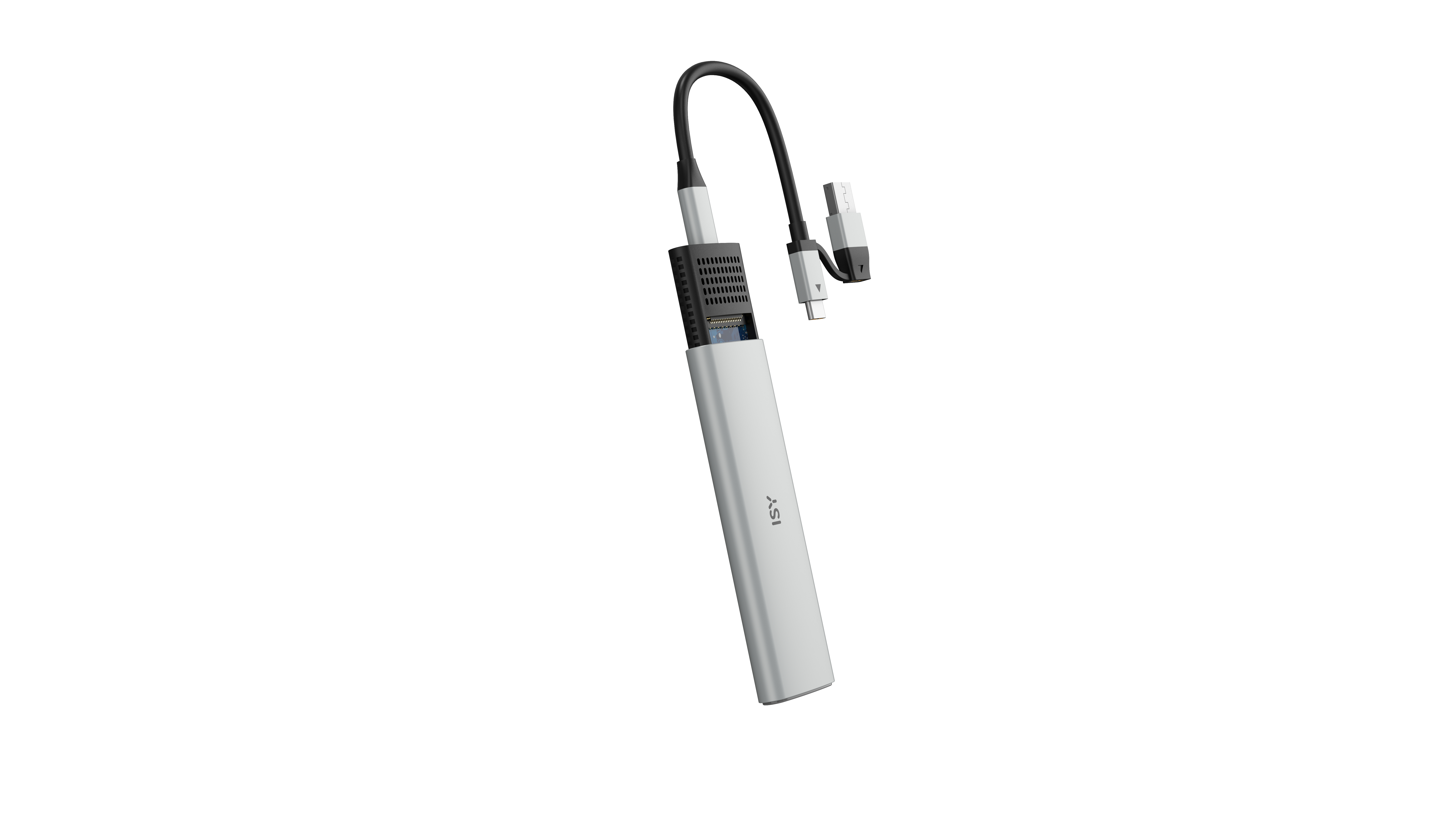 Ein silberner USB-C-Hub mit mehreren Anschlüssen und einem kurzen Kabel.