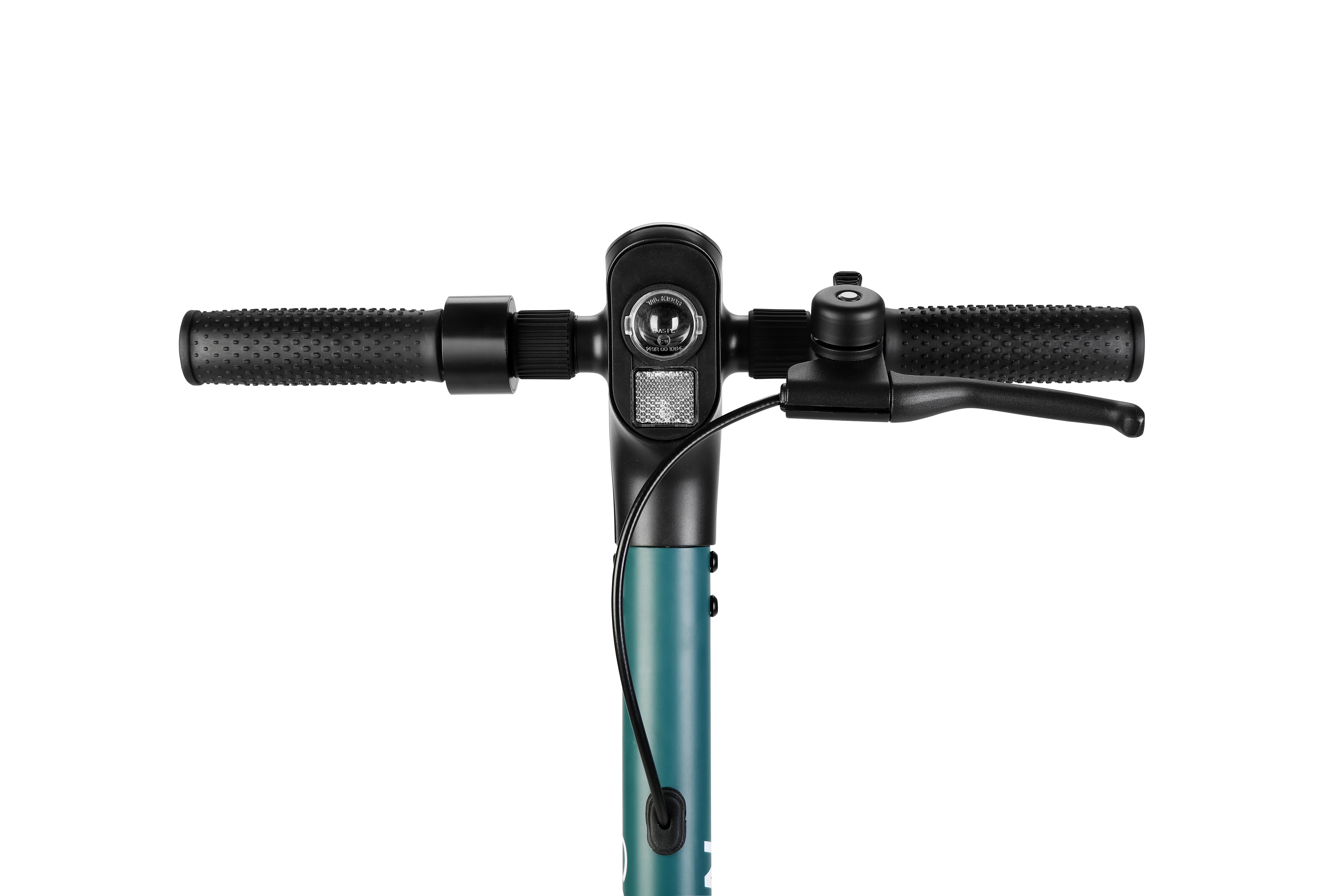 Roller-Lenker: schwarze Griffe, Licht, Bremshebel und ein tealfarbener Schaft.