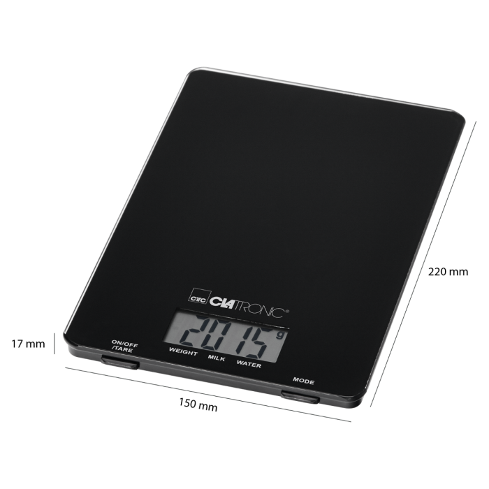Fekete digitális konyhai mérleg 201,5 grammot mutat, súly és mód feliratokkal.