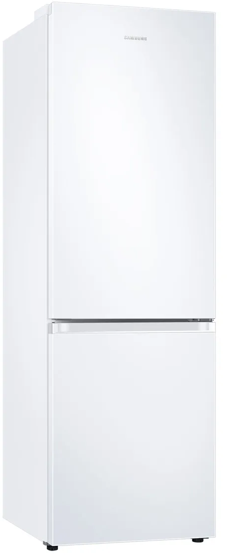 Réfrigérateur Samsung blanc. Deux portes, haut et bas. Logo Samsung argenté sur la porte supérieure.