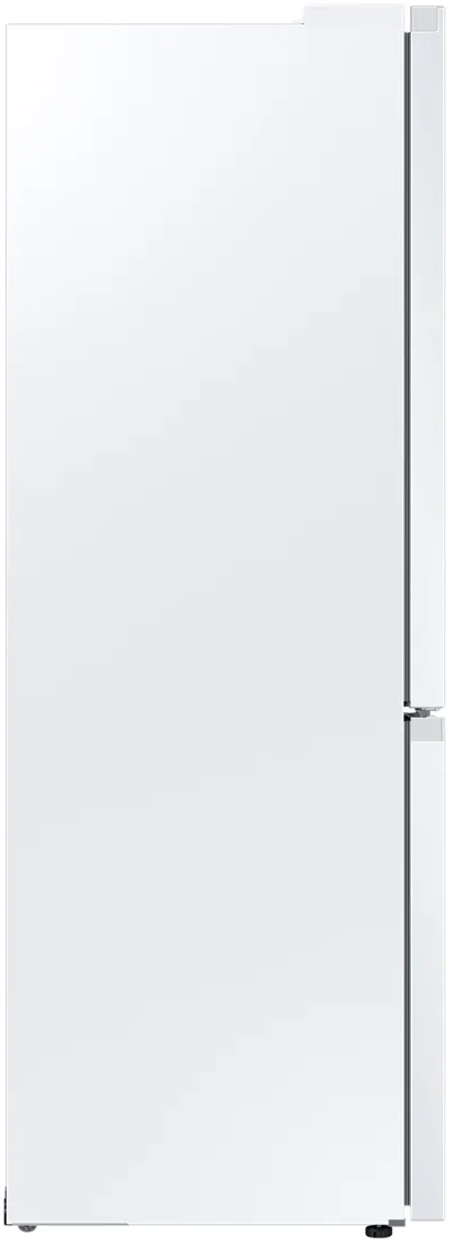 Réfrigérateur blanc à deux portes. Design minimaliste, grand et élégant, sur fond blanc. Vue latérale.