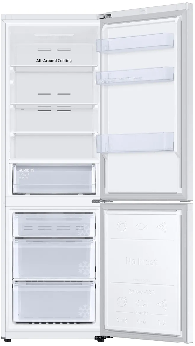 Un réfrigérateur blanc avec la porte ouverte. À l'intérieur, des étagères, des tiroirs et le texte 'All-Around Cooling'.