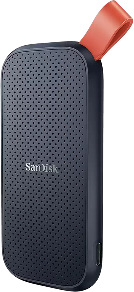 Ein dunkelblauer Sandisk-Lautsprecher mit orangefarbenem Riemen.