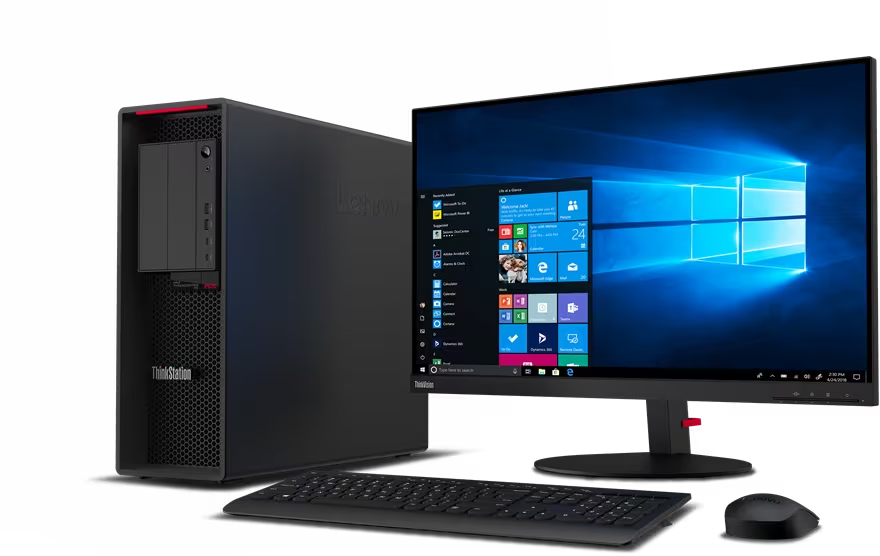 Schwarzer Lenovo ThinkStation PC, Monitor, Tastatur und Maus auf dunkler Fläche.