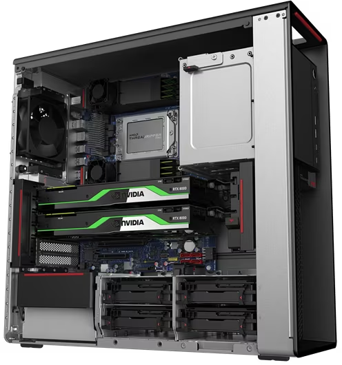 Ein offener Computer mit zwei NVIDIA RTX 4000 Grafikkarten und AMD Threadripper CPU.