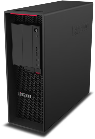 Schwarzer Lenovo ThinkStation P620 Tower-PC mit roten Akzenten und Lüftungsgitter.
