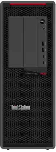 Schwarzer Desktop-Computer-Tower mit ThinkStation-Logo und Anschlüssen. Roter Akzent.