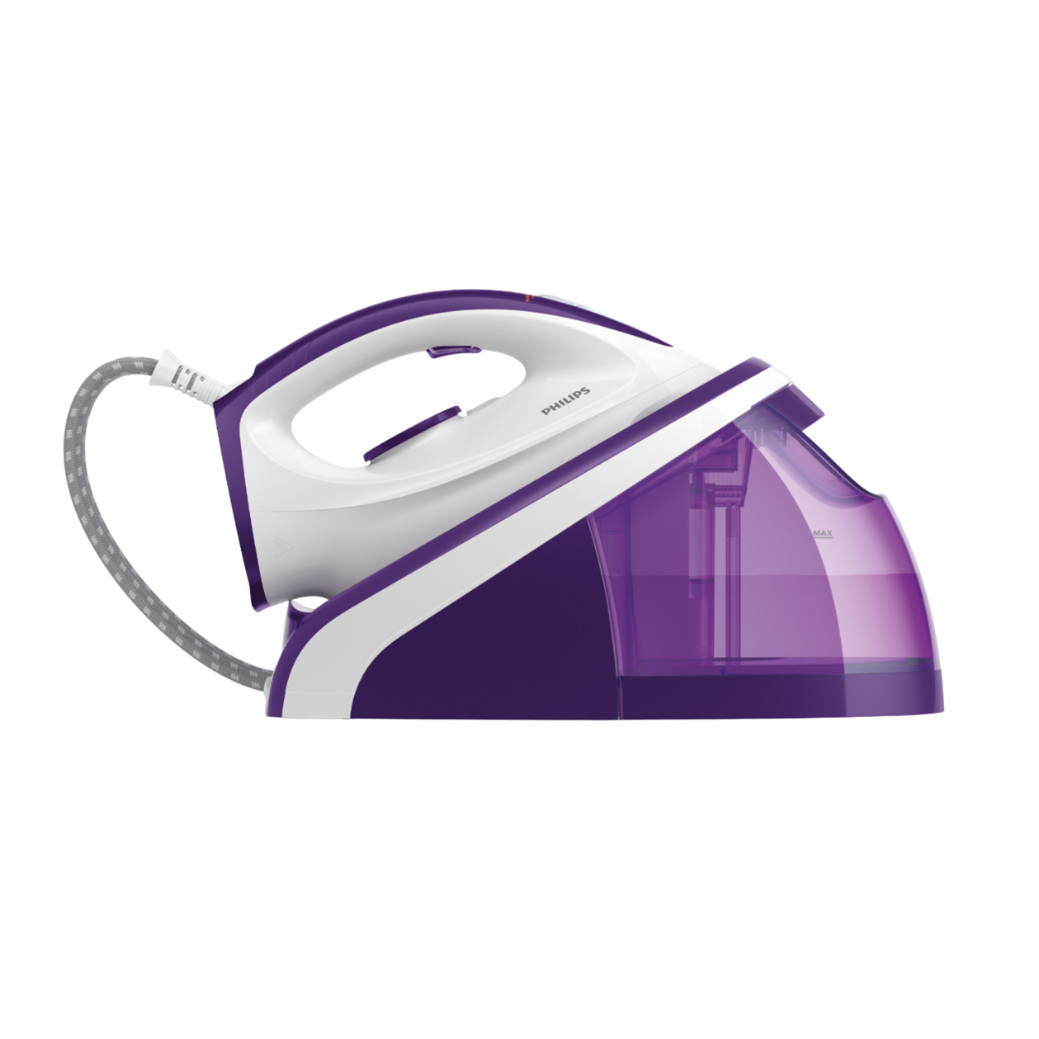 Paars en witte Philips stoomstrijkijzer met een watertank. Zwarte achtergrond.