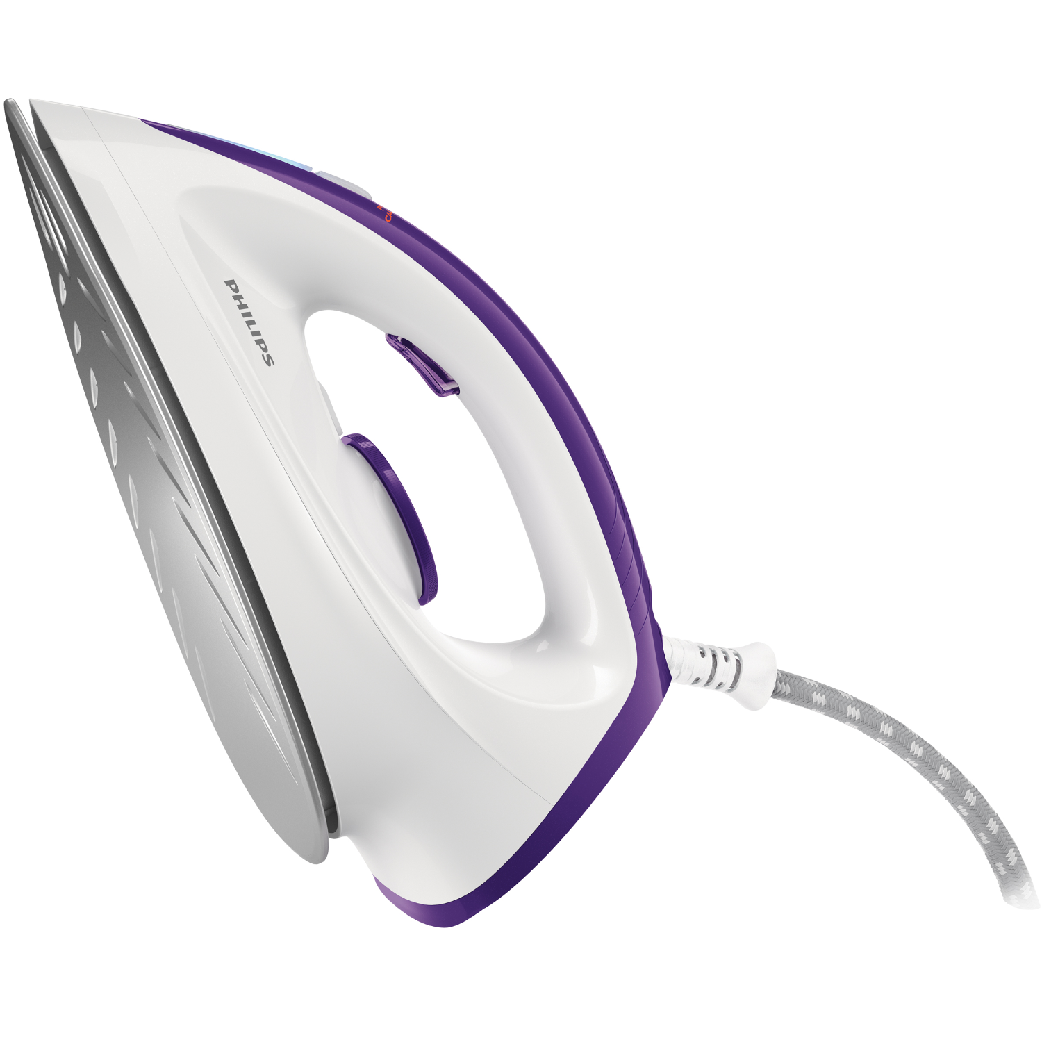 Wit en paars Philips strijkijzer met een grijze kabel, geïsoleerd op wit.