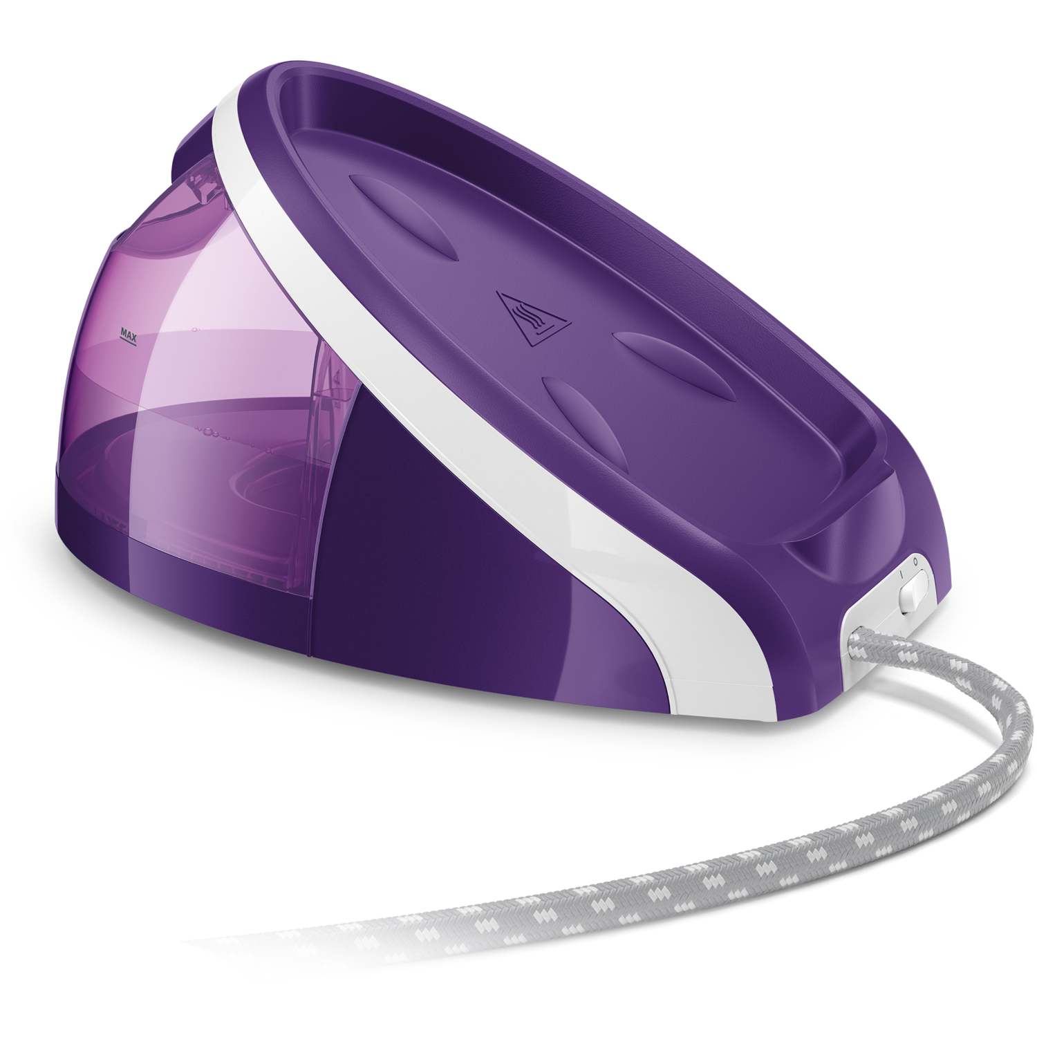 Een paars en wit Philips stoomstrijkijzer op een wit oppervlak.