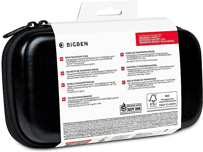 Funda de transporte negra Bigben Nintendo Switch, con texto en varios idiomas. Vista trasera.