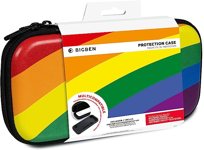 Estuche Nintendo Switch de color arcoíris con una caja blanca. El estuche está sobre un fondo blanco.