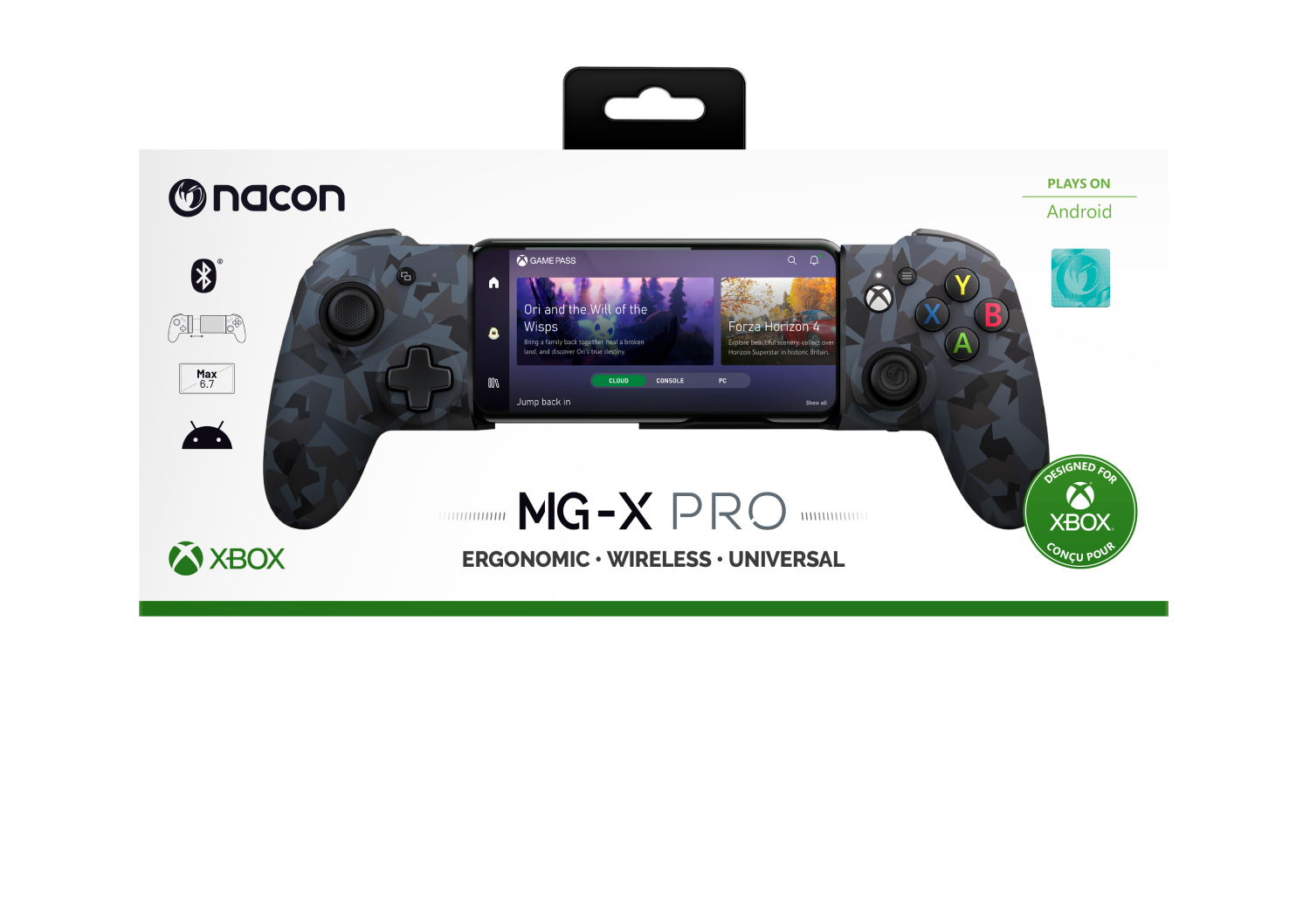 Mando Nacon MG-X Pro para Android. Diseño negro y camuflaje. Juega en Android, compatible con Xbox.